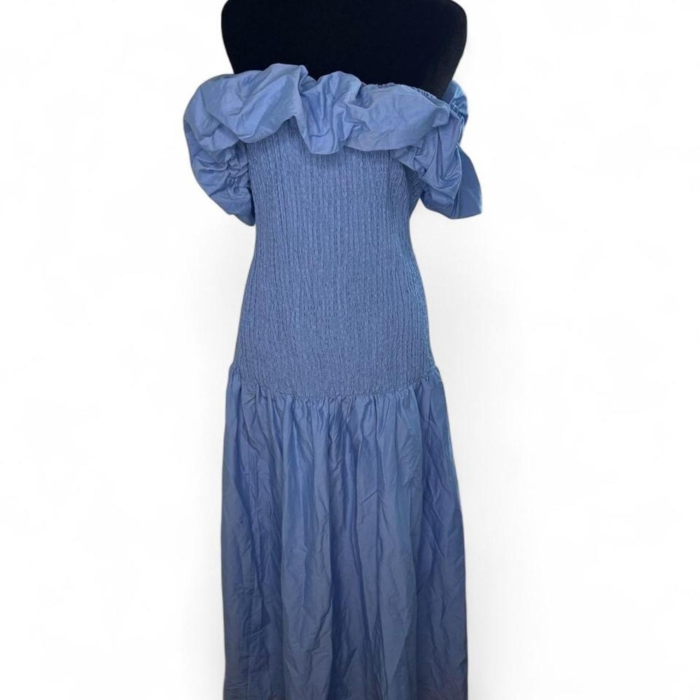 New York & Company Off-Shoulder Smocked Bodice Midi Dress Light Blue XL